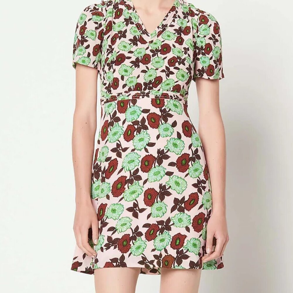 NWT Sandro Antropique Petale Floral Dress, Pink/Green/Brown, 100% Silk, Size 4/6